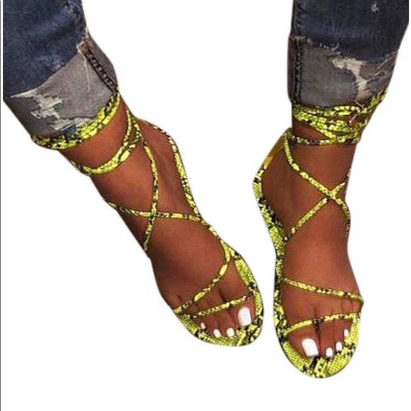 Neon Green Lace Up Snakeskin Sandals Size 38 - Picture 3 of 5